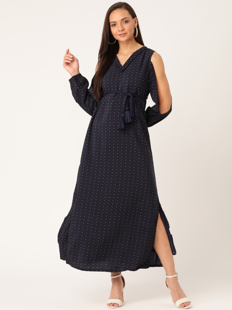 

Moda Rapido Women Navy Blue & White Micro Ditsy Printed Maxi Dress With Braided Belt