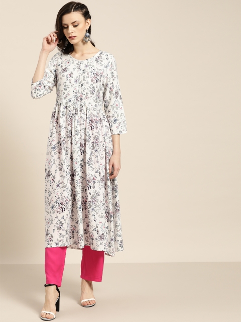 

Moda Rapido Women White & Pink Printed Kurta with Trousers