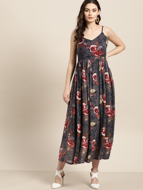 

Moda Rapido Women Charcoal Grey & Maroon Printed Maxi Dress