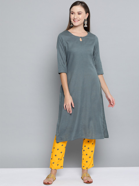 

HERE&NOW Women Charcoal Grey & Mustard Yellow Solid Kurta with Trousers