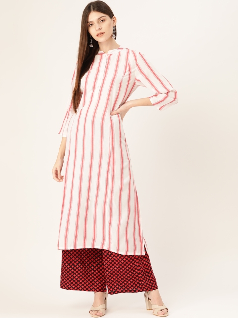 

Moda Rapido Women White & Red Striped Kurta with Palazzos & Dupatta