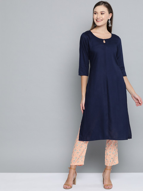 

HERE&NOW Women Navy Blue & Peach-Coloured Solid Kurta with Trousers