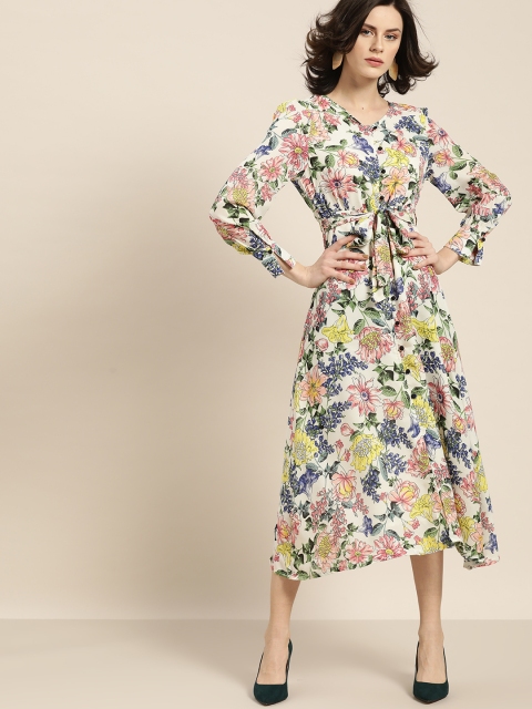 

Moda Rapido Women Multicoloured Floral Printed Midi A-Line Dress, Multi