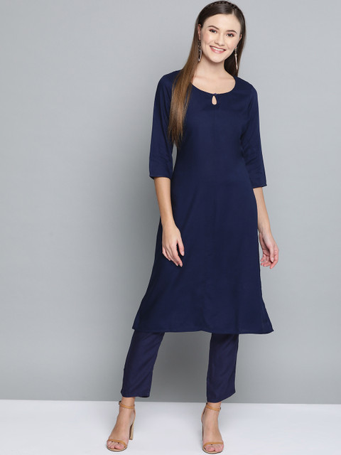 

HERE&NOW Women Navy Blue Solid Kurta with Trousers