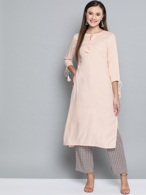 

HERE&NOW Women Peach-Coloured & White Solid Kurta with Palazzos