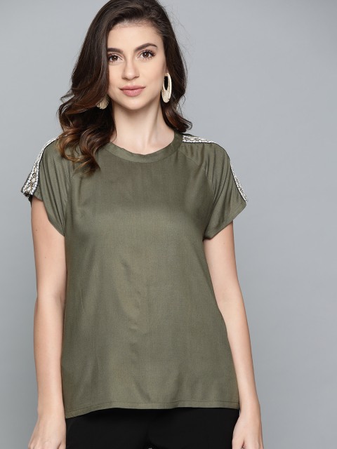 

HERE&NOW Women Olive Green Solid Raglan Top
