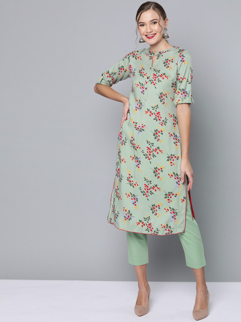 

HERE&NOW Women Green & Red Floral Print Straight Kurta