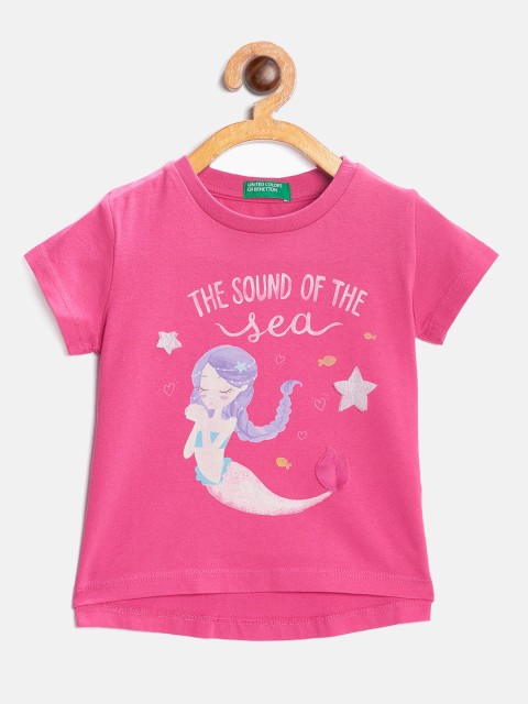 

United Colors of Benetton Girls Pink Printed Round Neck Pure Cotton T-shirt