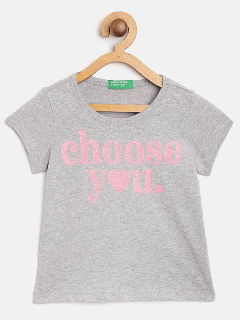 

United Colors of Benetton Girls Grey Melange Pink Printed Round Neck Pure Cotton T-shirt