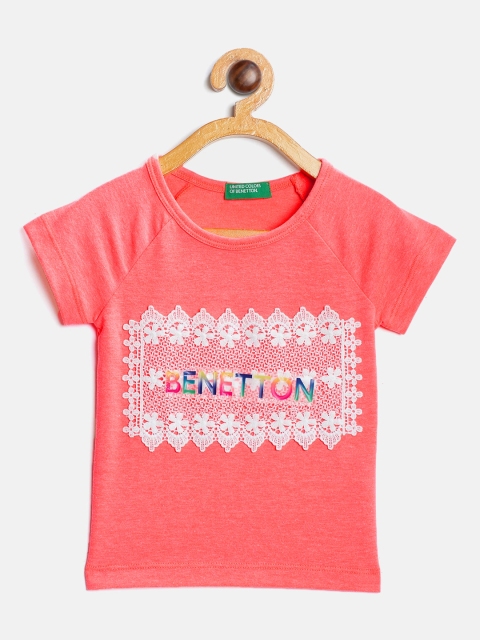 

United Colors of Benetton Girls Neon Pink & White Self Design Round Neck T-shirt