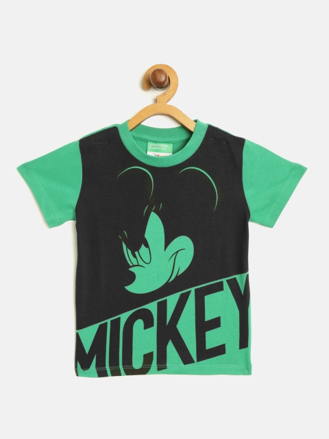 

United Colors of Benetton Boys Green & Black Mickey Mouse Print Round Neck T-shirt