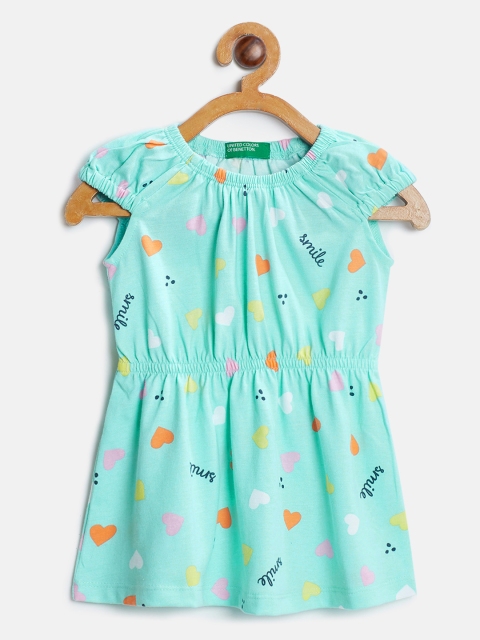

United Colors of Benetton Girls Sea Green & Pink Heart Print A-Line Dress