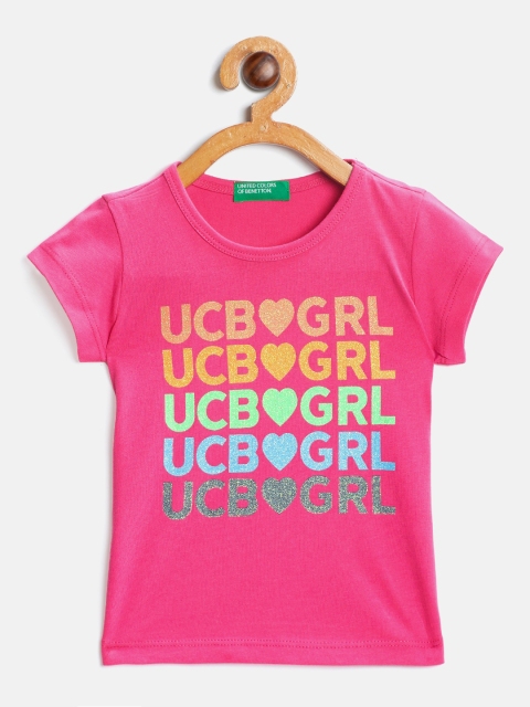 

United Colors of Benetton Girls Pink Printed Round Neck Pure Cotton T-shirt