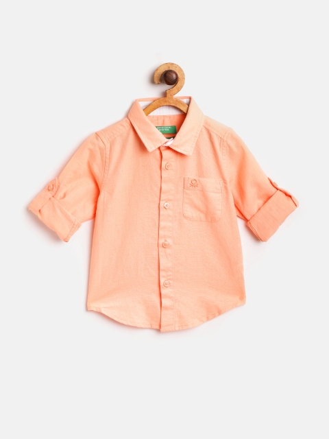 Boys Peach-Coloured Regular Fit Solid Casual Shirt