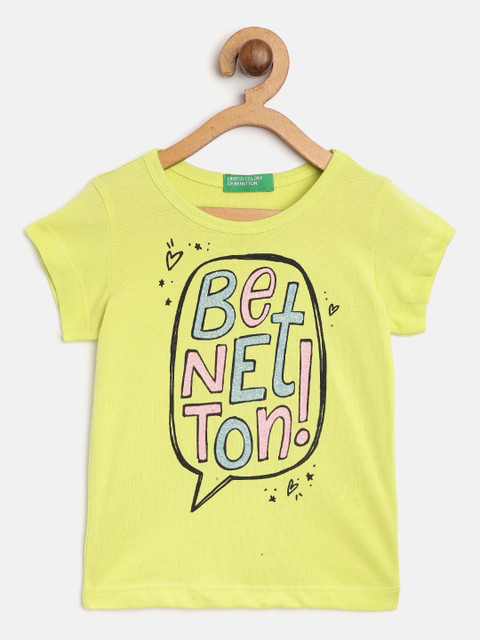 

United Colors of Benetton Girls Lime Green Printed Round Neck Pure Cotton T-shirt