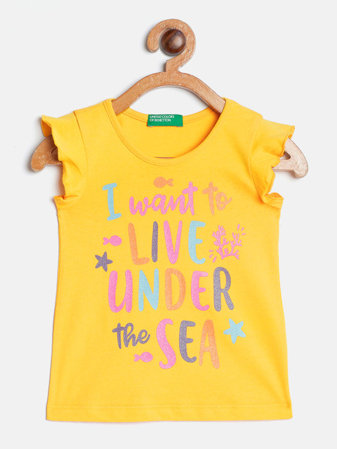 

United Colors of Benetton Girls Yellow Printed Pure Cotton Top
