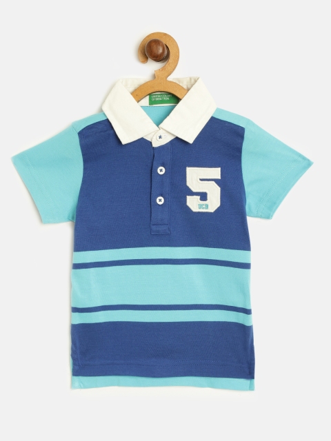 

United Colors of Benetton Boys Blue Striped Polo Collar Pure Cotton T-shirt