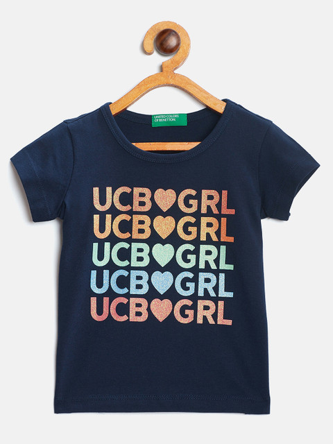 

United Colors of Benetton Girls Navy Blue Printed Round Neck Pure Cotton T-shirt