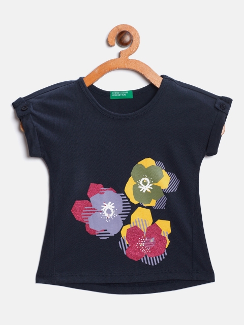 

United Colors of Benetton Girls Navy Blue & Purple Printed Round Neck T-shirt
