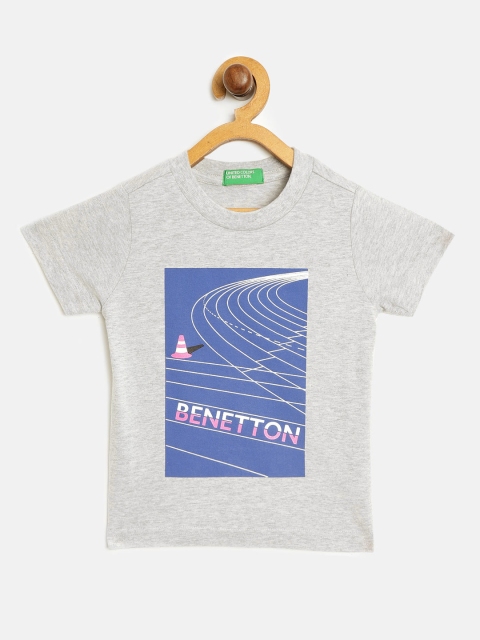 

United Colors of Benetton Boys Grey Melange Blue Printed Round Neck Pure Cotton T-shirt