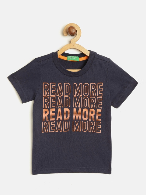 

United Colors of Benetton Boys Navy Blue & Orange Printed Round Neck T-shirt