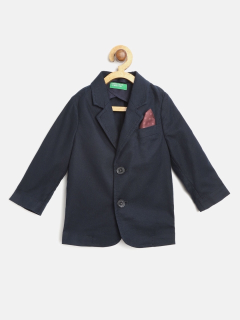 

United Colors of Benetton Boys NavyBlue Solid Single-Breasted Blazer With Pocket Square, Navy blue