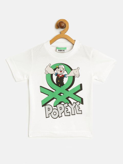

United Colors of Benetton Boys White & Green Popeye Print Round Neck T-shirt