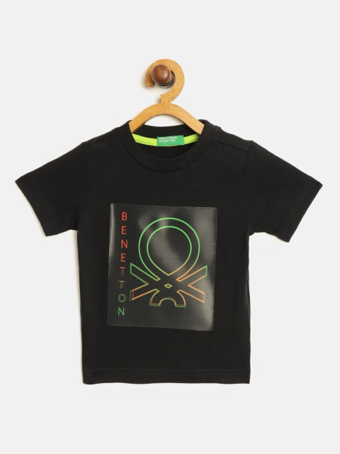 

United Colors of Benetton Boys Black Brand Logo Patch Round Neck T-shirt