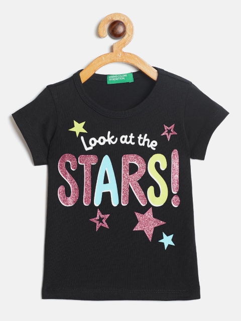 

United Colors of Benetton Girls Black Printed Round Neck T-shirt