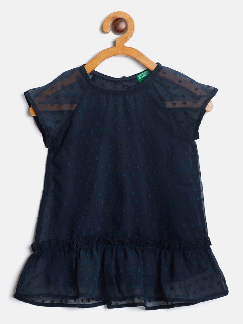 

United Colors of Benetton Girls Navy Blue Dobby Weave Semi-Sheer A-Line Dress