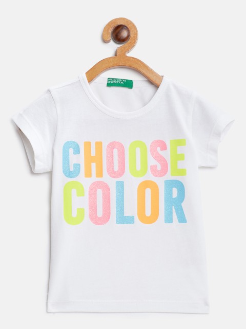 

United Colors of Benetton Girls White Printed Round Neck Pure Cotton T-shirt
