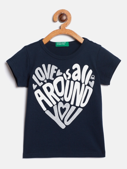 

United Colors of Benetton Girls Navy Blue & White Printed Round Neck T-shirt