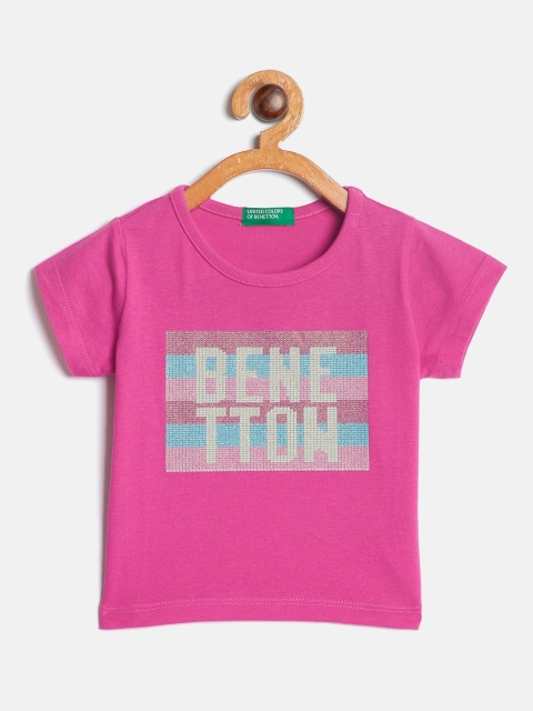 

United Colors of Benetton Girls Fuchsia Pink Printed Round Neck Pure Cotton T-shirt