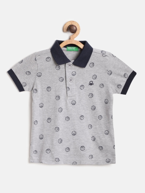 

United Colors of Benetton Boys Grey & Navy Blue Printed Polo Collar T-shirt