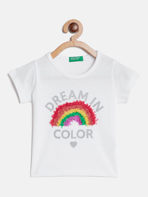 

United Colors of Benetton Girls White Printed & Rainbow Applique Round Neck T-shirt