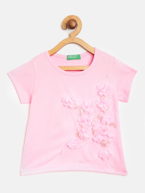 

United Colors of Benetton Girls Pink Applique Round Neck Pure Cotton T-shirt