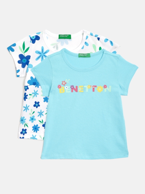 

United Colors of Benetton Girls Pack of 2 Printed Pure Cotton T-shirts, Blue