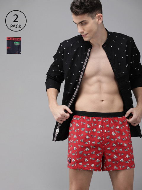 

THE BEAR HOUSE Men Pack of 2 Printed Knitted Pure Cotton Boxers TBH-LEGO, Navy blue