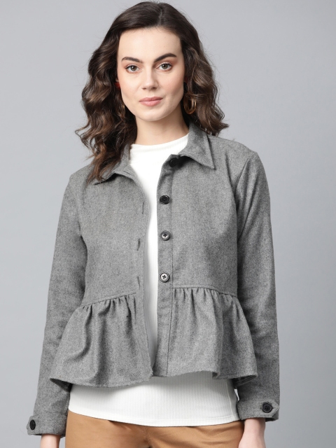 

I AM FOR YOU Women Grey Melange Woollen Solid Lightweight Tailored Jacket