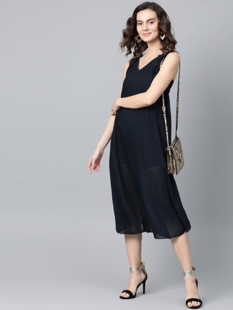 

I AM FOR YOU Women Navy Blue Sheer Solid A-Line Dress