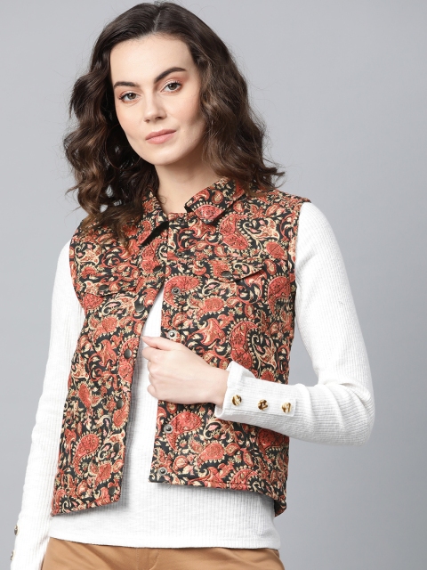

I AM FOR YOU Women Black & Rust Red Printed Lightweight Quilted Jacket