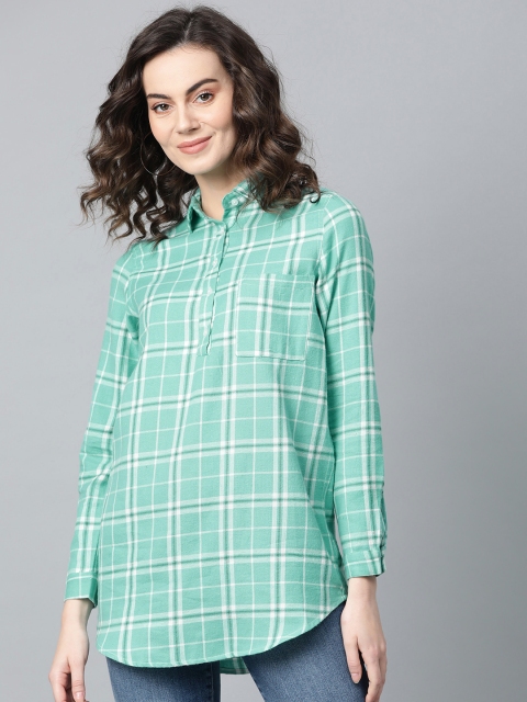 

I AM FOR YOU Women Sea Green & White Checked Casual Shirt