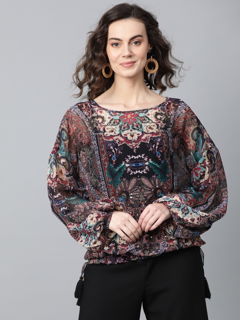 

I AM FOR YOU Women Multicoloured Printed Semi-Sheer Blouson Top, Multi