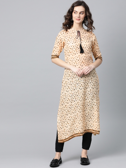 

I AM FOR YOU Women Beige & Olive Green Printed Straight Kurta