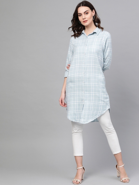 

I AM FOR YOU Women Blue & White Longline Checked Casual Shirt