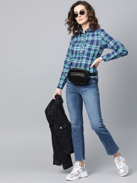 

I AM FOR YOU Women Navy Blue & Green Checked Shirt Style Top
