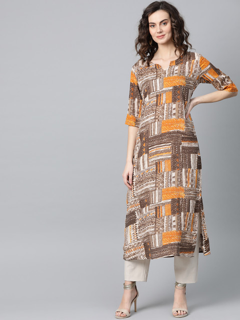 

I AM FOR YOU Women Brown & Mustard Brown Printed Straight Kurta