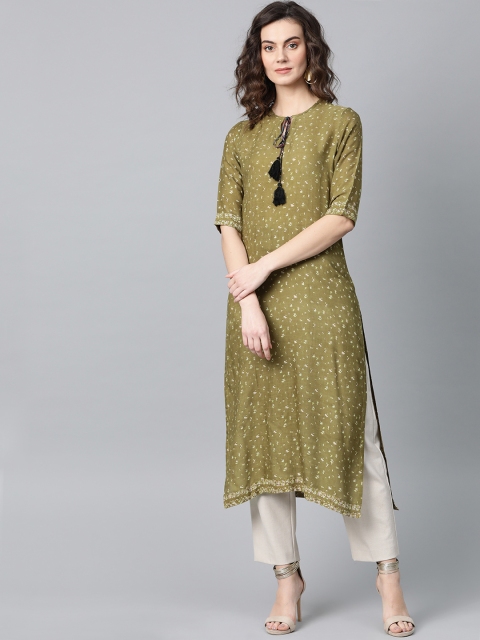 

I AM FOR YOU Women Olive Green & Beige Printed Straight Kurta