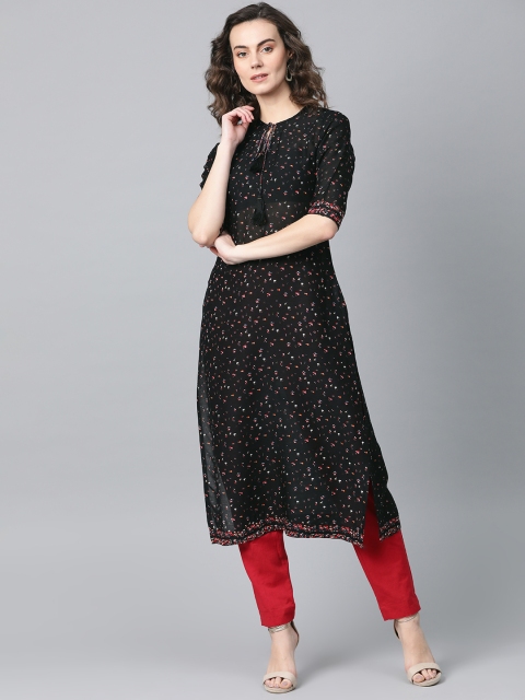

I AM FOR YOU Women Black & Pink Printed Straight Kurta