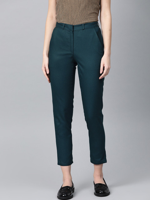 

I AM FOR YOU Women Teal Green Tailored Fit Solid Cropped Trousers